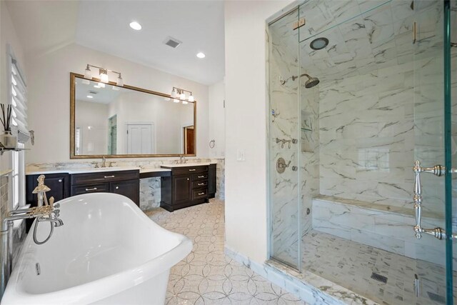 904 Champlain Pl, Adams Twp, PA 15044 - bathroom with a marble finish shower, a freestanding bath, vanity, recessed lighting, and tile patterned floors