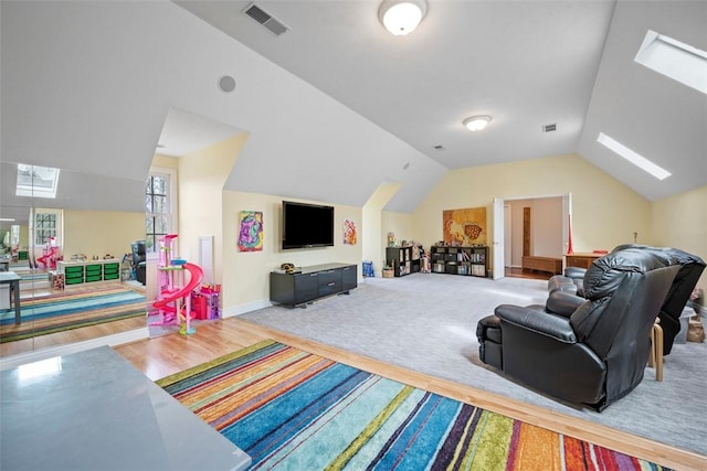 904 Champlain Pl, Adams Twp, PA 15044 - living room with a skylight, vaulted ceiling, baseboards, and carpet floors