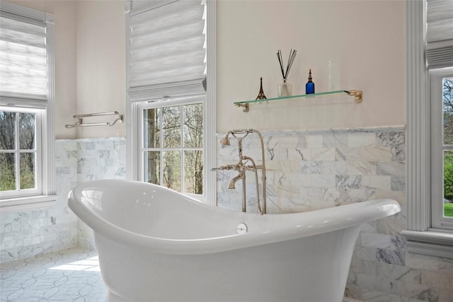 904 Champlain Pl, Adams Twp, PA 15044 - full bathroom with tile walls, a wainscoted wall, and a freestanding bath