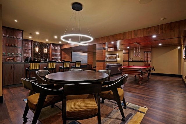 904 Champlain Pl, Adams Twp, PA 15044 - dining space with pool table, baseboards, dark wood finished floors, recessed lighting, and a community bar