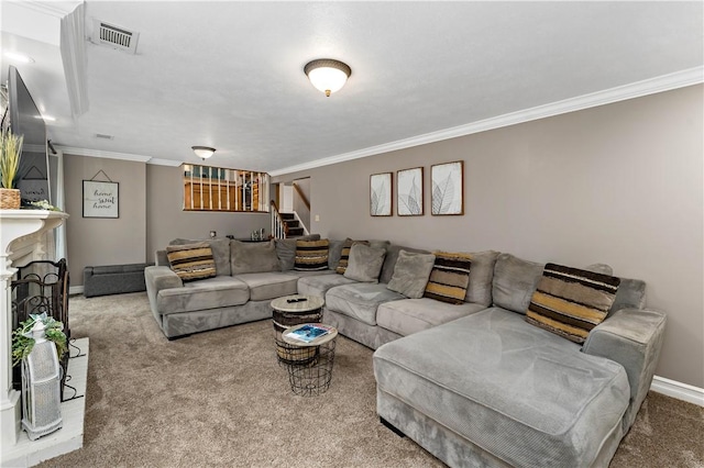 living room with carpet flooring, stairway, ornamental molding, baseboards, and a fireplace with raised hearth