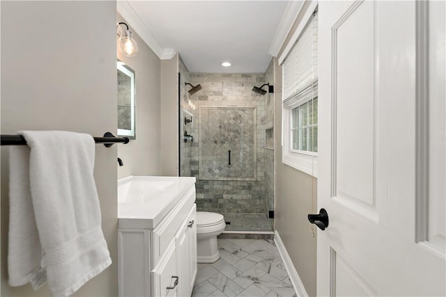 bathroom with marble finish floors, a stall shower, baseboards, toilet, and vanity