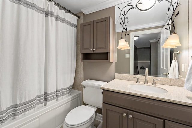 bathroom with ornamental molding, shower / bath combo, toilet, and vanity