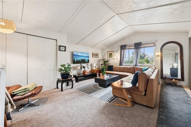 carpeted living room featuring vaulted ceiling