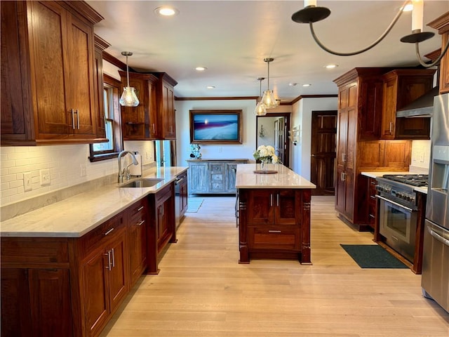 111 Mccall Rd, Franklin Twp But, PA 16001 - kitchen with a sink, ornamental molding, wall chimney range hood, stainless steel appliances, and decorative backsplash