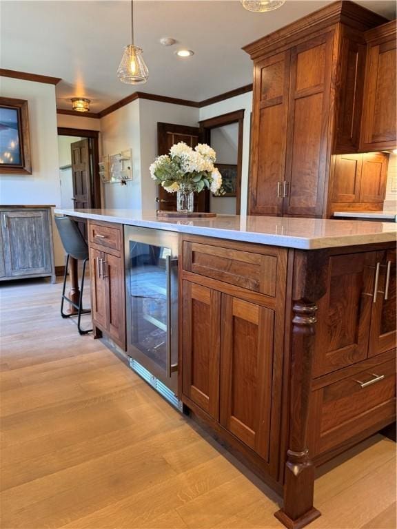 111 Mccall Rd, Franklin Twp But, PA 16001 - bar featuring wine cooler, light wood-type flooring, ornamental molding, decorative light fixtures, and recessed lighting
