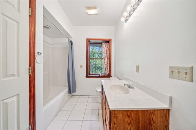 full bath featuring vanity, tile patterned flooring, shower / bathtub combination with curtain, and toilet