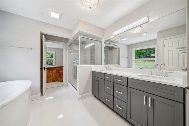full bathroom with a shower stall, double vanity, plenty of natural light, and a freestanding tub