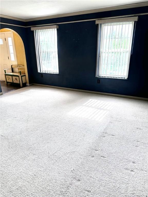 491 Peregrine Dr, North Huntingdon, PA 15642 - carpeted empty room featuring ornamental molding, arched walkways, and baseboards