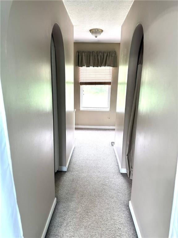 491 Peregrine Dr, North Huntingdon, PA 15642 - hallway with carpet floors, baseboards, a textured ceiling, and arched walkways