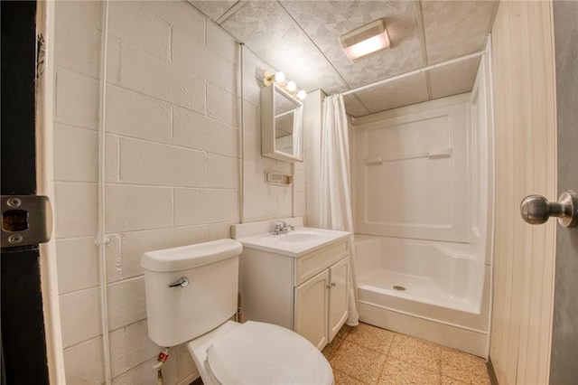 710 4th Ave, Ford City Boro, PA 16226 - full bathroom with a stall shower, concrete block wall, toilet, and vanity