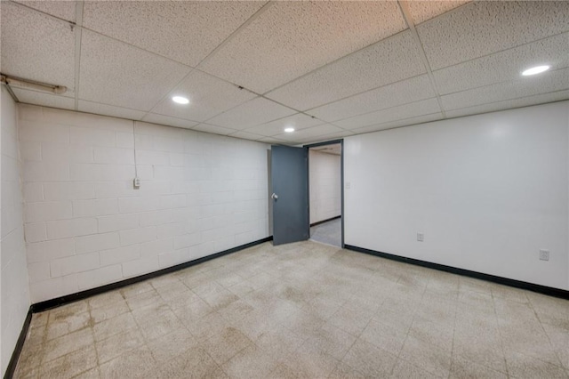 710 4th Ave, Ford City Boro, PA 16226 - unfurnished room featuring a paneled ceiling, baseboards, recessed lighting, and concrete block wall