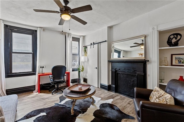 2611 Jane St, South Side, PA 15203 - living area featuring a barn door, wood finished floors, and ceiling fan
