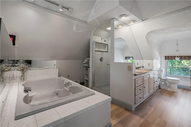 209 Bon Air Ave, Bon Air, PA 15210 - bathroom with a stall shower, vanity, wood finished floors, a whirlpool tub, and vaulted ceiling