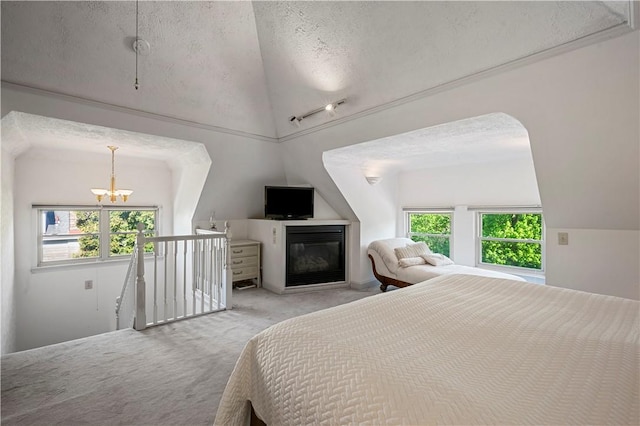 209 Bon Air Ave, Bon Air, PA 15210 - carpeted bedroom featuring a chandelier, lofted ceiling, and a textured ceiling