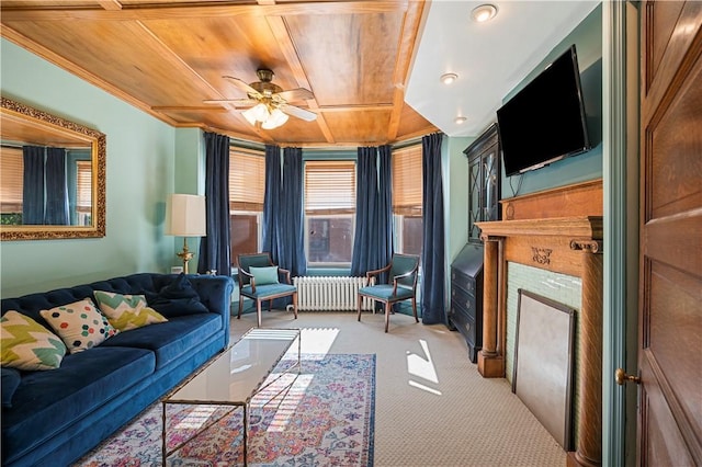 209 Bon Air Ave, Bon Air, PA 15210 - living room with wood ceiling, light carpet, radiator heating unit, a fireplace, and a ceiling fan