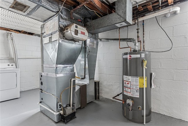 utility room with washer / dryer, gas water heater, and heating unit