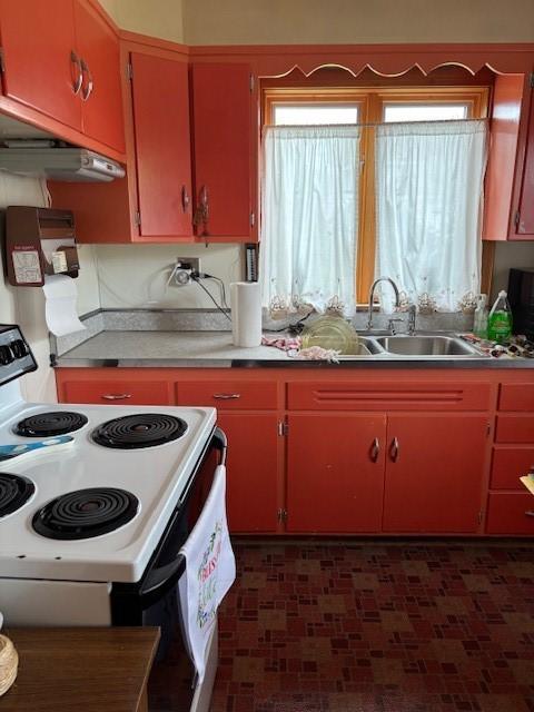 438 Fayette Springs Rd, Wharton Twp, PA 15421 - kitchen featuring white electric range oven, under cabinet range hood, a sink, and light countertops