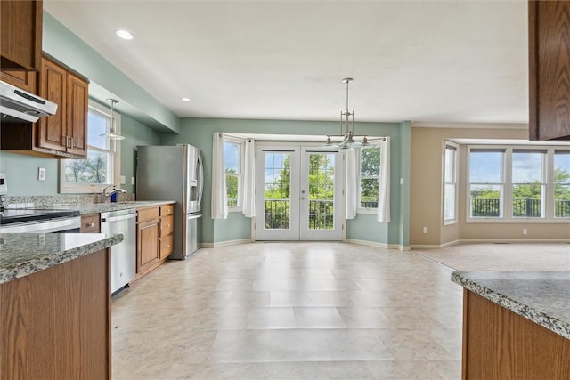 921 Bideford Dr, South Park, PA 15129 - kitchen featuring stainless steel appliances, plenty of natural light, baseboards, french doors, and recessed lighting