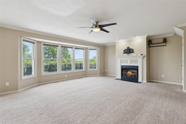 921 Bideford Dr, South Park, PA 15129 - unfurnished living room with crown molding, plenty of natural light, a ceiling fan, and carpet
