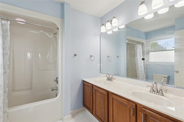 921 Bideford Dr, South Park, PA 15129 - full bathroom with baseboards, shower / bathtub combination with curtain, and double vanity