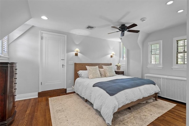 401 Parker Dr, Mt Lebanon, PA 15216 - bedroom featuring radiator heating unit, recessed lighting, baseboards, dark wood-type flooring, and ceiling fan