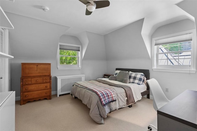 401 Parker Dr, Mt Lebanon, PA 15216 - bedroom with radiator, lofted ceiling, carpet flooring, and ceiling fan
