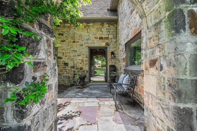 401 Parker Dr, Mt Lebanon, PA 15216 - property entrance featuring stone siding and a patio
