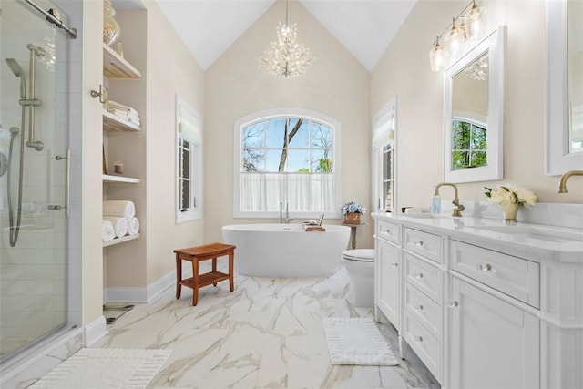 149 Walnut Ridge Dr, Chippewa Twp, PA 15010 - bathroom with a shower stall, marble finish flooring, vanity, and vaulted ceiling