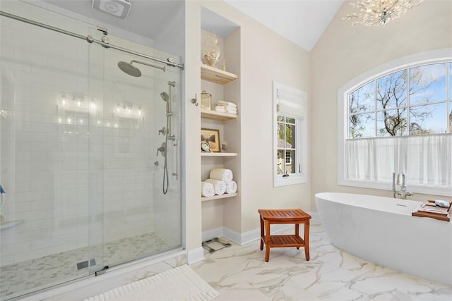 149 Walnut Ridge Dr, Chippewa Twp, PA 15010 - full bath with a soaking tub, a shower stall, marble finish flooring, baseboards, and built in features