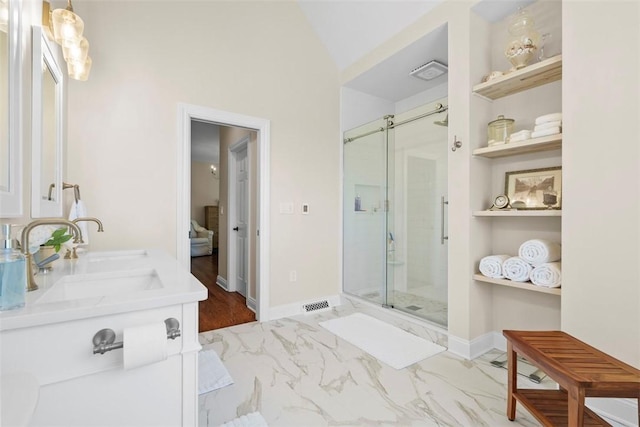 149 Walnut Ridge Dr, Chippewa Twp, PA 15010 - full bathroom featuring a stall shower, marble look tiles, and double vanity