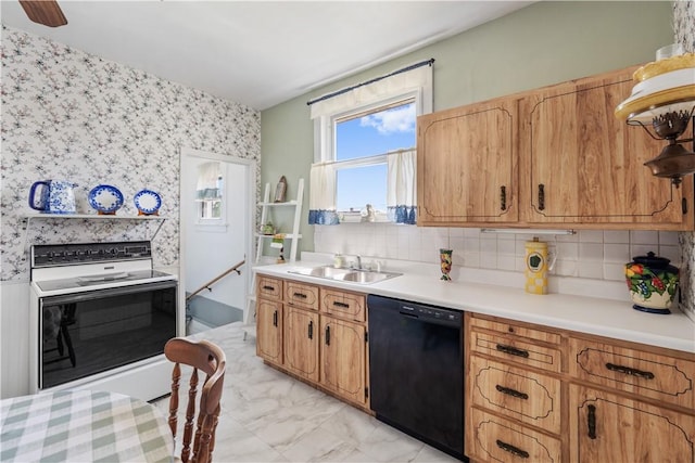 134 Modisette Ave, Donora, PA 15033 - kitchen with black dishwasher, electric stove, wallpapered walls, a sink, and light countertops
