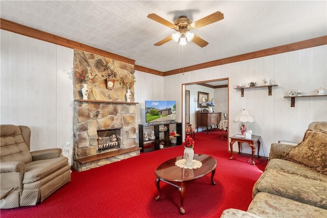 134 Modisette Ave, Donora, PA 15033 - carpeted living area with ceiling fan, a fireplace, and wooden walls
