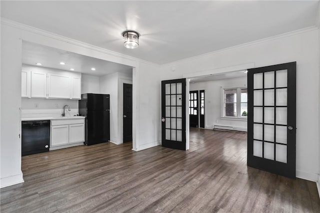 1008 Lowery St, Duquesne, PA 15110 - unfurnished living room with french doors, baseboard heating, dark wood-style floors, a sink, and crown molding