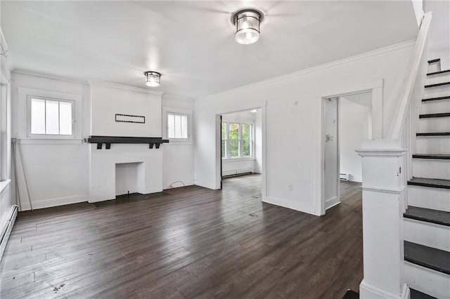 1008 Lowery St, Duquesne, PA 15110 - unfurnished living room with dark wood-type flooring, stairway, ornamental molding, baseboards, and baseboard heating