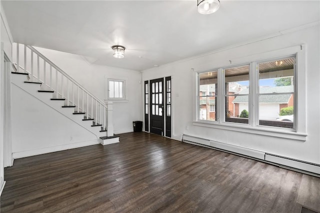 1008 Lowery St, Duquesne, PA 15110 - foyer entrance with a baseboard radiator, wood finished floors, stairway, plenty of natural light, and ornamental molding