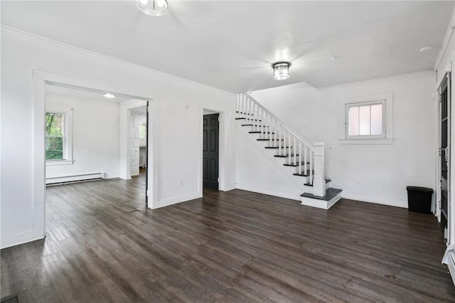 1008 Lowery St, Duquesne, PA 15110 - unfurnished living room with a baseboard heating unit, stairs, ornamental molding, dark wood finished floors, and baseboards