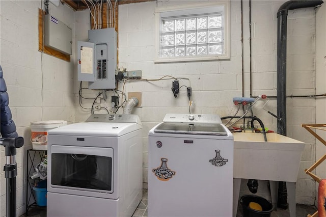 laundry area with electric panel and washing machine and dryer
