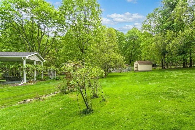 view of grassy yard featuring a storage shed and an outdoor structure