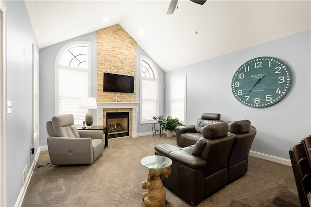 112 Shelton Place Dr, Connoquenessing Boro, PA 16033 - living area with carpet flooring, a ceiling fan, baseboards, a fireplace, and high vaulted ceiling