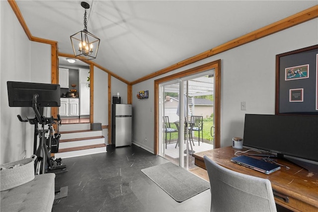 office with ornamental molding, a chandelier, baseboards, and lofted ceiling