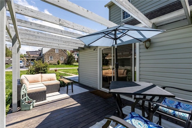 deck with an outdoor living space and a pergola