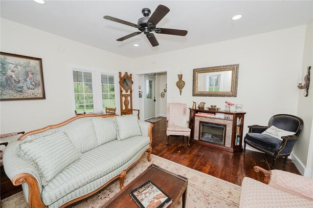 154 E Kittanning St, W/N Mahoning Twps, PA 16256 - living room with hardwood / wood-style flooring, recessed lighting, ceiling fan, a fireplace, and baseboards