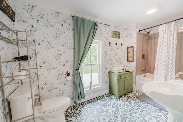 154 E Kittanning St, W/N Mahoning Twps, PA 16256 - bathroom with toilet, shower / tub combo with curtain, wallpapered walls, and tile patterned floors