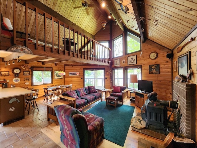 374 Latonka Dr, Jackson Twp Mer, PA 16137 - living room featuring wooden walls, a wood stove, wood ceiling with exposed beams, rail lighting, and a ceiling fan