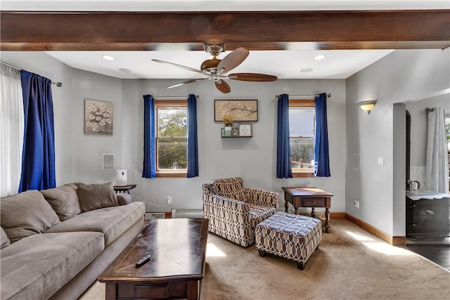 carpeted living room with baseboards, ceiling fan, a baseboard heating unit, and recessed lighting