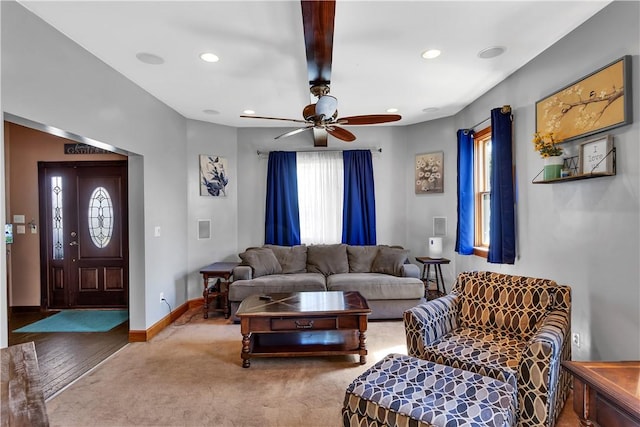 living room featuring recessed lighting, ceiling fan, carpet floors, and baseboards