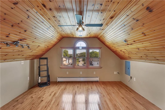 bonus room with a baseboard heating unit, wood-type flooring, ceiling fan, wood ceiling, and vaulted ceiling