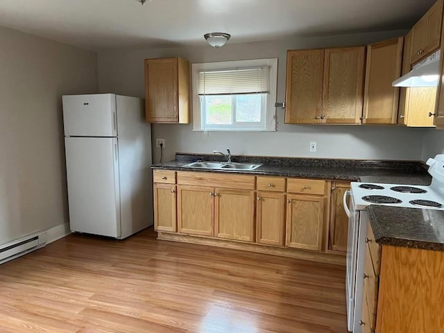kitchen with white appliances, a sink, under cabinet range hood, light wood-style floors, and a baseboard radiator