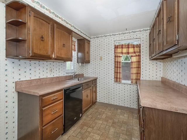 kitchen with dishwasher, wallpapered walls, open shelves, a sink, and brick patterned floors